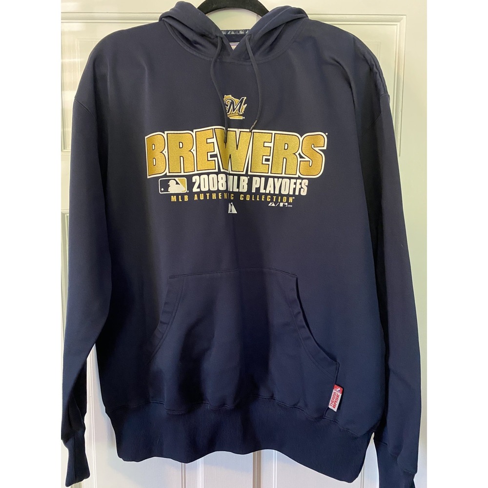 Majestic Milwaukee Brewers 2008 MLB Playoff Hooded Sweatshirt SZ Lrg Therma Base